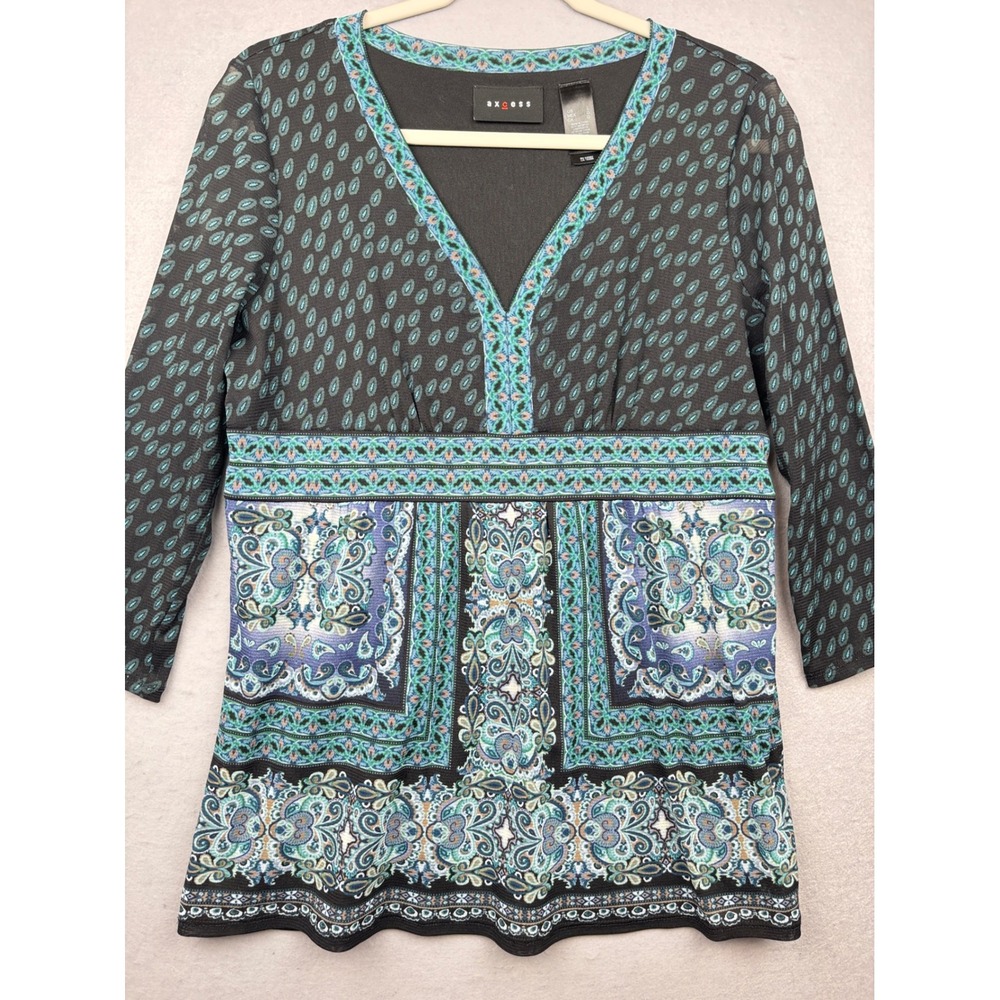 Axcess Mesh Tunic Womens L Medallion Print V Neck 3/4 Sleeve